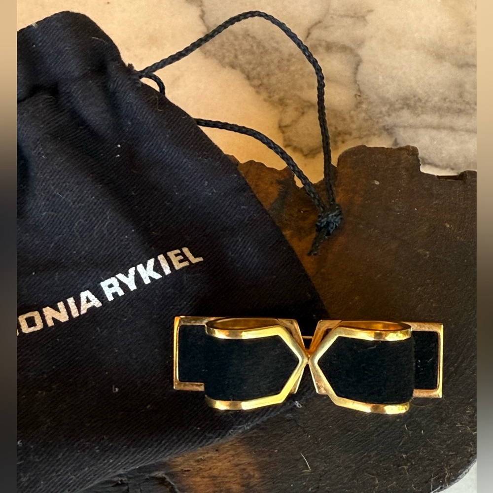 Vintage SONIA RYKIEL black & gold bow brooch / pin w/ original dust bag